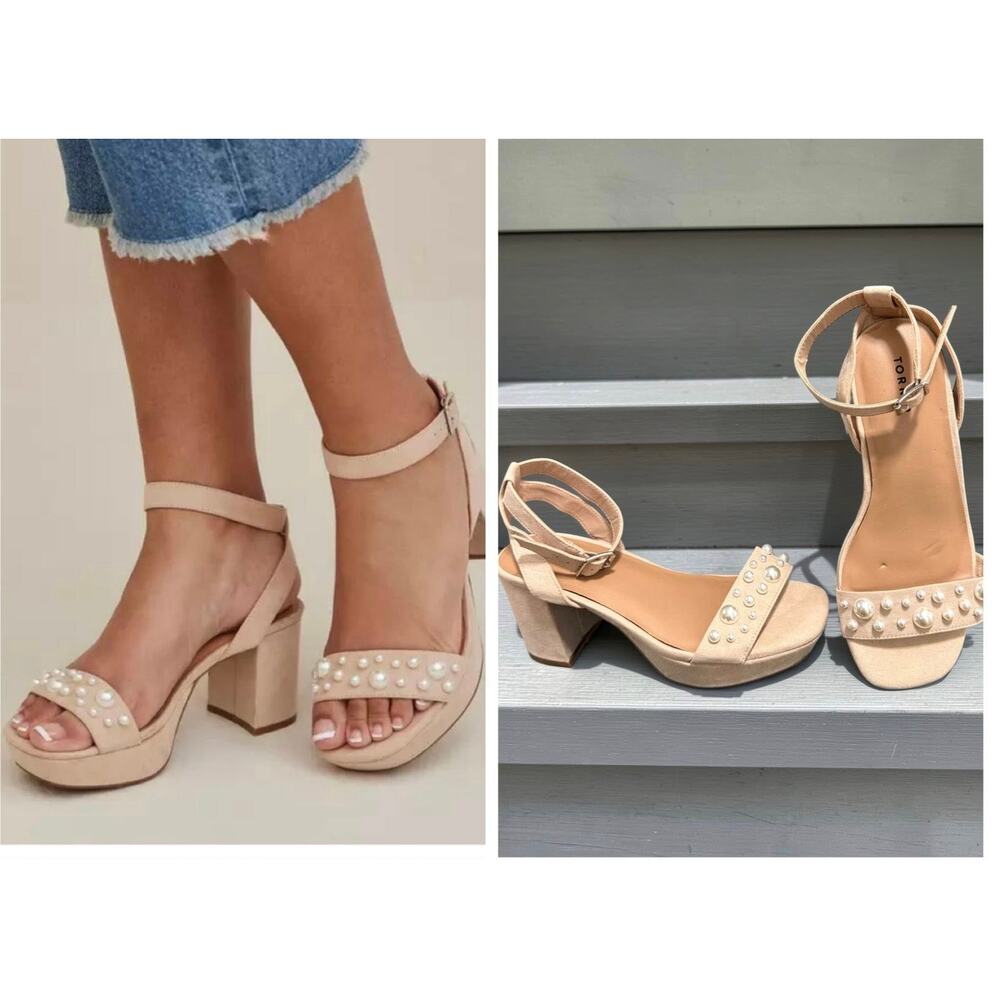 Torrid Pearl Faux Suede Open Toe Ankle Strap Platform Heels 7WW Wide Width Beige